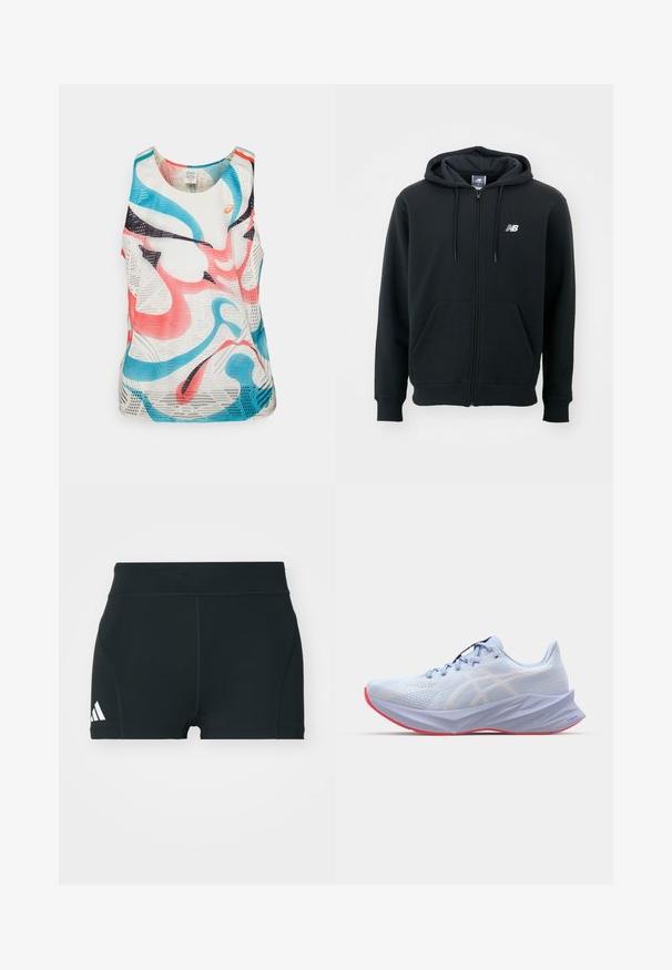 Svart hettejakke med glidelås, snorhette, frontlommer, ribbede mansjetter og en liten hvit logo på venstre bryst. Myk bomullsblanding.; Ermeløs atletisk tanktop laget av pustende mesh-stoff. Har abstrakte mønstre i rosa, blått og svart mot en hvit bakgrunn.; Svart trening shorts laget av elastisk stoff, med høy midje, tettsittende fasong, og hvit Adidas-logo på venstre side.; Lys blå atletisk sko med et teksturert mesh-overdel, hvite logo-detaljer, en polstret såle og en rosa yttersåle. Har et slankt, ergonomisk design.