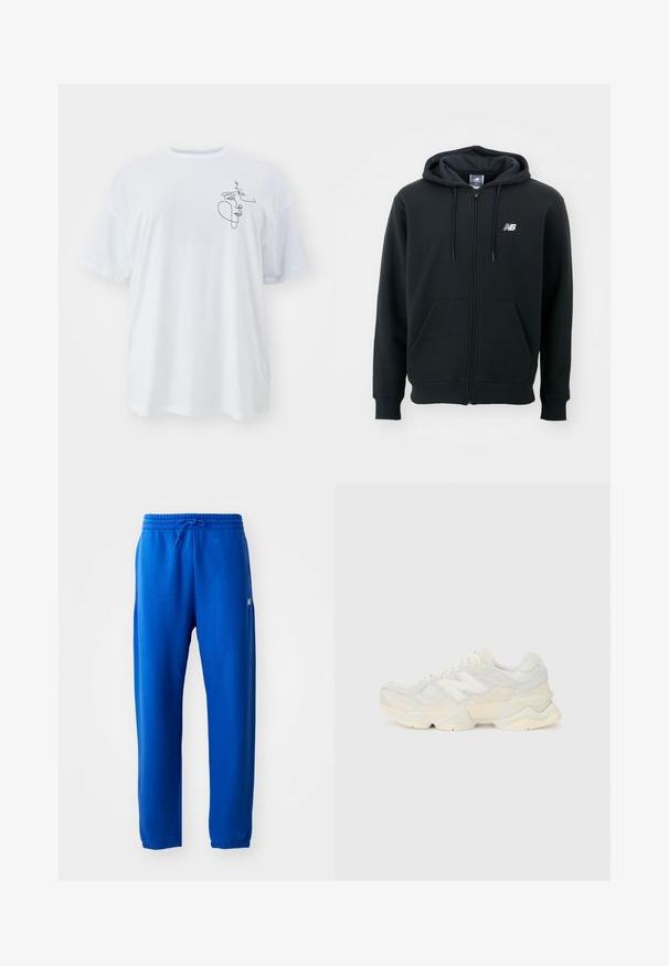 Fekete cipzáros kapucnis pulóver állítható kapucnival, elülső zsebekkel, bordás mandzsettákkal és egy kis fehér logóval a bal mellrészen. Puhaszövetű pamut keverékanyag.; Fehér pamut póló, oversized szabásban, minimalista fekete vonalrajzzal az egyik oldalon. Klasszikus kerek nyak és rövid ujjú.; Kék sportnadrág puha anyagból, rugalmas derékkal és zsinórral, tapered lábakkal és egy kis logóval az oldalon.; Könnyű sportcipő, amely hálós és velúr felsőrésszel rendelkezik, lágy krémszínű árnyalatokban, vastag talppal és háromdimenziós díszítésekkel.