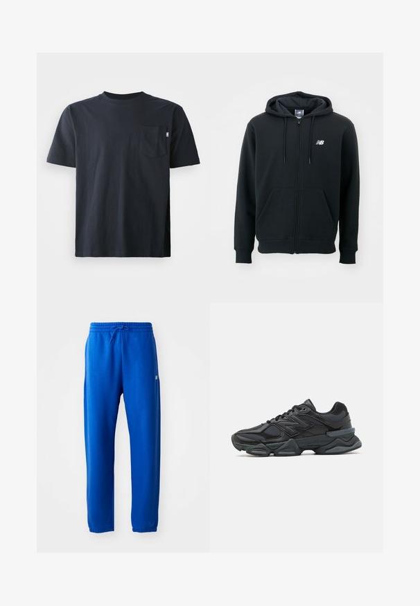 Čierna mikina na zips s kapucňou na stiahnutie, prednými vreckami, rebrovanými manžetami a malým bielym logom na ľavej hrudi. Mäkký materiál z bavlneného zmesi.; Tmavomodré bavlnené tričko s okrúhlym výstrihom a krátkymi rukávmi. Obsahuje jednu náprsné vrecko a rovný lem.; Modré tepláky vyrobené z jemnej látky, s elastickým pásom na šnúrku, so zúženými nohavicami a malým logom na boku.; Čierna bežecká obuv so zmesou sieťoviny a syntetických materiálov, robustnou podrážkou, zakriveným dizajnom a výrazným logom na boku.