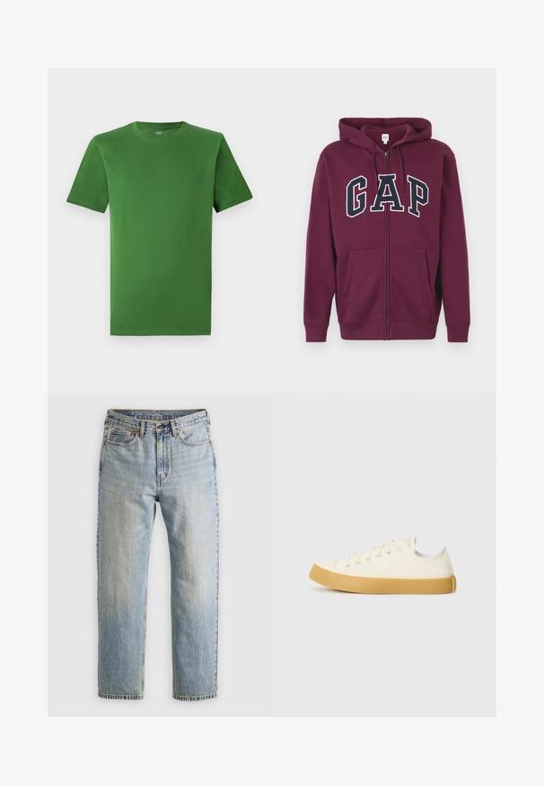 Corta-vento bordeaux com fecho, apresentando um bolso frontal e um grande logótipo "GAP" em branco e azul-marinho no peito. Tecido suave, capuz ajustável.; T-shirt verde de algodão com gola redonda e mangas curtas. Textura suave; sem padrões ou adornos visíveis.; Jeans de ganga azul claro com cintura alta, fecho frontal, zipper e design de cinco bolsos, dispostos de forma plana sobre um fundo neutro.; Sapatilhas de tela em off-white com biqueira redonda, apresentando solas de borracha bege e cinco ilhós para atacadores, acabamento texturizado na parte superior.