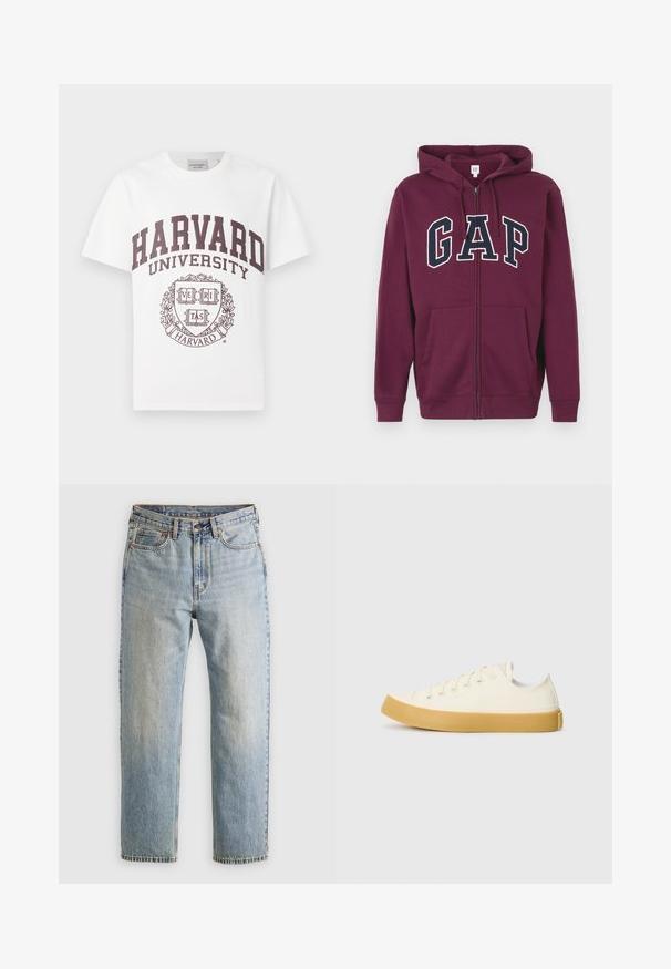 Bordeaux-kleurige zip-up hoodie met een voorzak, voorzien van een groot "GAP" logo in wit en marineblauw over de borst. Glad stof, verstelbare capuchon.; Witte katoenen t-shirt met daarop in bordeauxrode letters "HARVARD UNIVERSITY" en een centraal embleem met het woord "VERITAS" in een schildontwerp.; Lichtblauwe denim jeans met hoge taille, frontknop, rits en vijfzakkenontwerp, plat gelegd op een neutrale achtergrond.; Canvas sneakers in off-white met een ronde neus, voorzien van beige rubberen zolen en vijf oogjes voor veters, met een gestructureerde afwerking op de bovenkant.