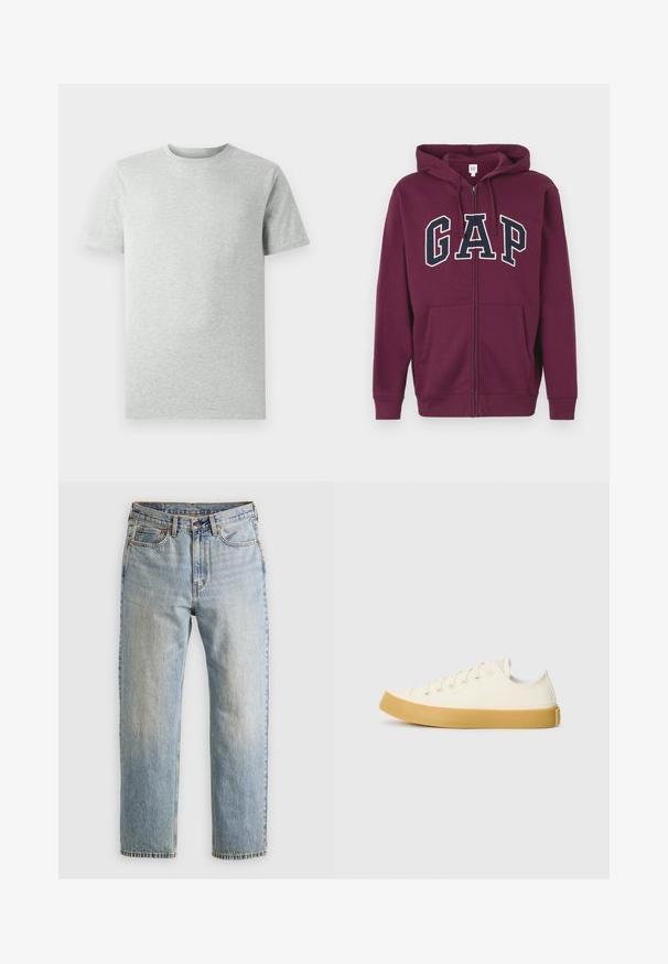 Bordová mikina na zips s predným vreckom, s veľkým bielym a námorníckym logom "GAP" naprieč hrudníkom. Hladká tkanina, nastaviteľná kapucňa.; Jednoduché svetlošedé tričko s krátkym rukávom a okrúhlym výstrihom, vystavené na bielom pozadí, pohľad z prednej strany bez viditeľných log a dizajnov.; Svetlomodré džínsy s vysokým pásom, predným gombíkom, zipsom a dizajnom s piatimi vreckami, rozložené na neutrálnom pozadí.; Plátne tenisky v off-white farbe s okrúhlym špičkou, s béžovými gumovými podrážkami a piatimi dierkami na šnúrky, textúrovaný povrch na hornej časti.