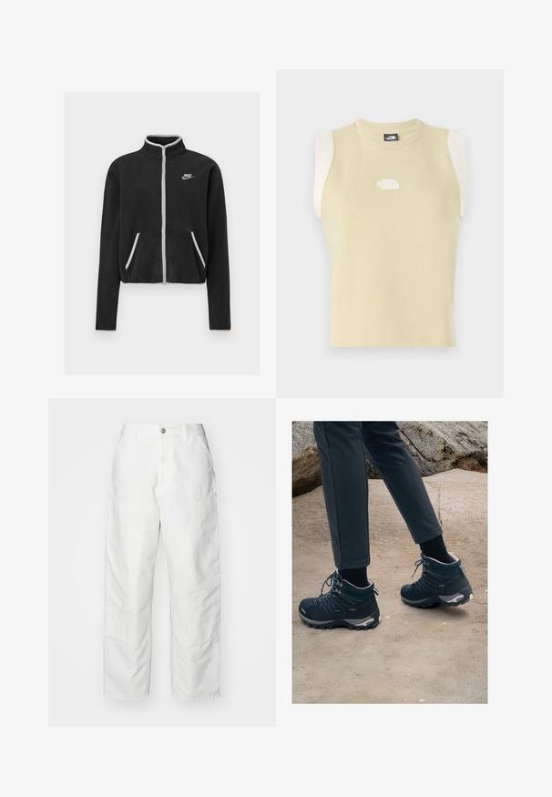 Jachetă din fleece negru, cu guler înalt, fermoar complet, accente albe și buzunare laterale. Prezintă un mic logo Nike pe pieptul stâng.; Top fără mâneci din bumbac galben pal, cu un decolteu rotund. Include panouri de umăr în contrast de nuanță crem și un logo texturat pe piept.; Pantaloni cargo albi din denim, cu o croială relaxată, buzunare laterale și detalii de cusătură vizibile. Față simplă cu închidere prin buton.; Bocanci de drumeție de culoare albastru închis, cu plasă texturată, sireturi și tălpi din cauciuc, asortați cu pantaloni închiși la culoare, pe un fundal nisipos și stâncos.