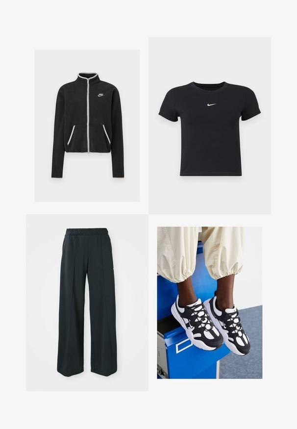 Casaco de fleece preto com gola alta, fecho de correr completo, detalhes brancos e bolsos laterais. Apresenta um pequeno logótipo da Nike no lado esquerdo do peito.; T-shirt preta de manga curta feita de algodão, com decote redondo. Apresenta um logótipo branco da Nike no peito, design minimalista e corte ajustado.; Calças atléticas largas e pretas com um cós elástico. Feitas de um tecido liso e elástico, com costuras frontais discretas e sem bolsos.; Ténis desportivos em preto e branco, com materiais em malha e camurça, bico redondo, sola larga, e detalhes distintos nas ataduras e no logótipo da Nike.