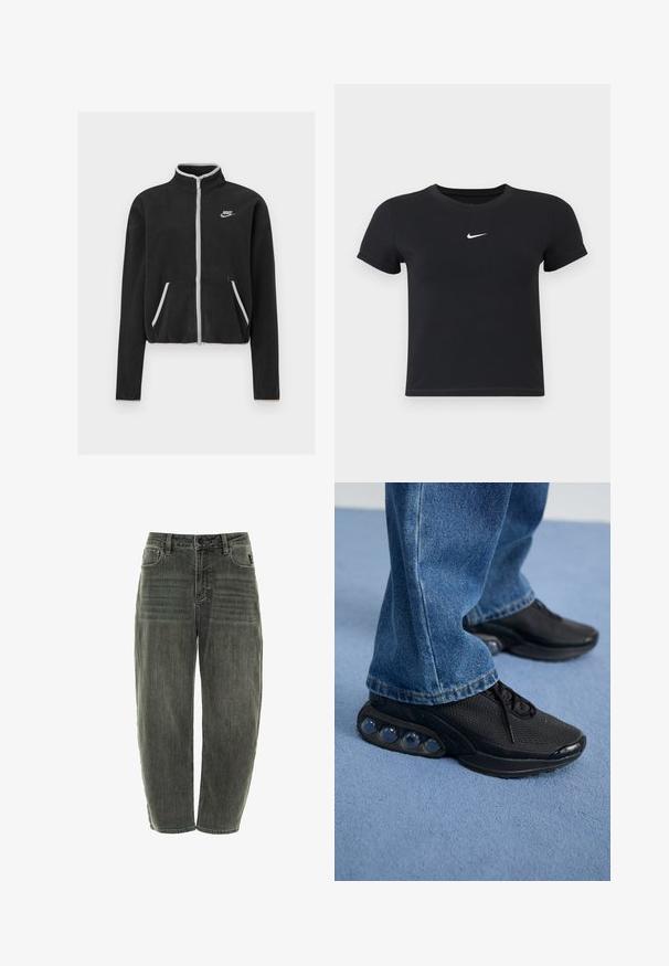 Jachetă din fleece negru, cu guler înalt, fermoar complet, accente albe și buzunare laterale. Prezintă un mic logo Nike pe pieptul stâng.; Tricou negru cu mânecă scurtă, din bumbac, cu decolteu rotund. Prezintă un logo alb Nike pe piept, design minimalist și croială ajustată.; Jeans din denim gri închis, cu o croială lejeră, având cinci buzunare, închidere cu nasture și o ușoară decolorare pe față și spate.; Adidași sport negri cu parte superioară din plasă, accente texturate și capsule de amortizare vizibile în talpă. Purtați cu blugi albaștri.