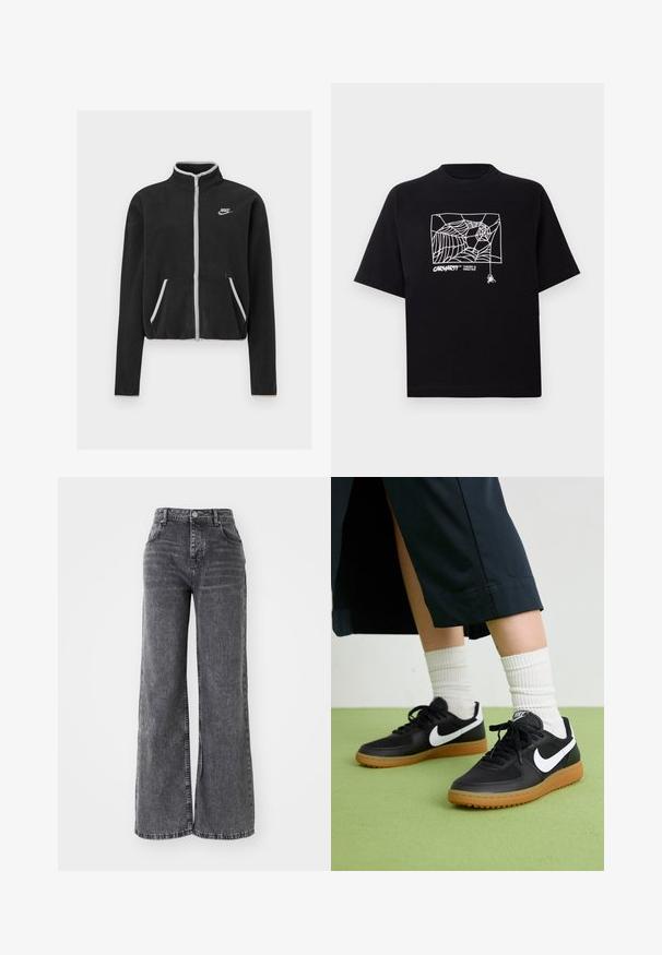 Black fleece jacket with a high collar, full zip, white accents, and side pockets. Features a small Nike logo on the left chest.; Black T-shirt made of cotton with short sleeves. Features a white spider web graphic and logo on the front. Simple rounded neckline.; Wide-leg gray denim pants with a high waist, featuring traditional five-pocket styling and a subtle faded finish.; Black leather and synthetic sneakers with white Nike swoosh, rubber gum sole, round toe, and black laces. Ribbed white socks visible.
