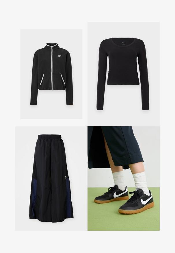 Casaco de fleece preto com gola alta, fecho de correr completo, detalhes brancos e bolsos laterais. Apresenta um pequeno logótipo da Nike no lado esquerdo do peito.; T-shirt de manga longa e cropped em algodão preto sólido. Apresenta um decote redondo e um leve detalhe de franzido nas laterais para um ajuste ajustado.; Calças largas pretas feitas de tecido leve, com um painel lateral azul-marinho e cintura elástica. Pequeno logótipo branco na parte inferior.; Sapatilhas pretas em couro e sintético com o logo da Nike em branco, sola de borracha tipo goma, bico redondo e atacadores pretos. Meias brancas com frunces visíveis.