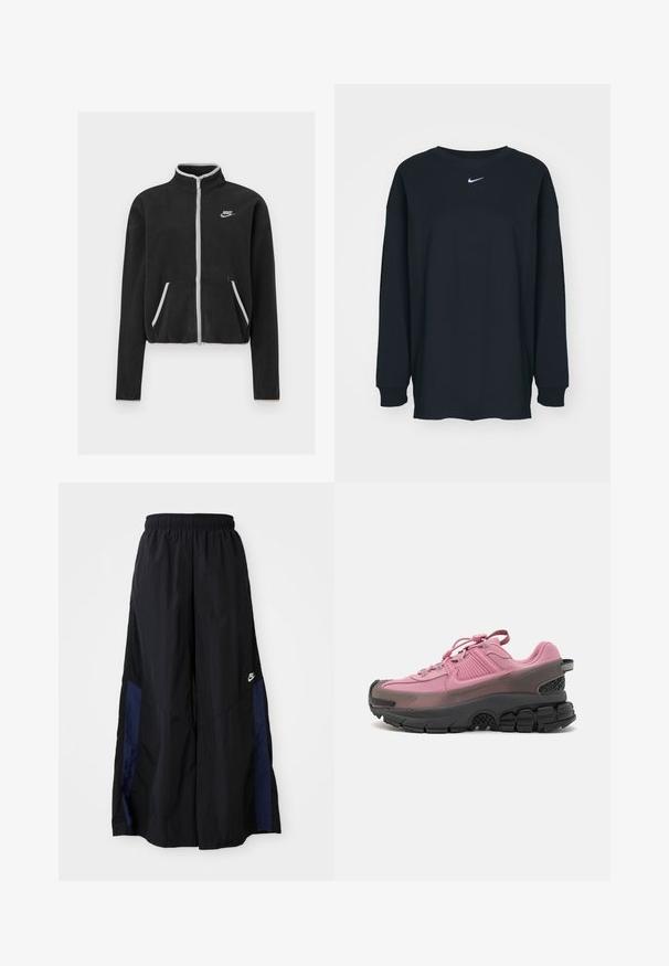 Μαύρο φλις μπουφάν με ψηλό γιακά, πλήρη φερμουάρ, λευκές λεπτομέρειες και πλαϊνές τσέπες. Διαθέτει μικρό λογότυπο Nike στο αριστερό στήθος.; Μαύρο μακρυμάνικο μπλουζάκι φτιαγμένο από βαμβάκι με στρογγυλή λαιμόκοψη. Διαθέτει το λευκό λογότυπο της Nike στο στήθος. Μαλακή υφή, απλός σχεδιασμός.; Μαύρο παντελόνι με φαρδιά πόδια, κατασκευασμένο από ελαφρύ ύφασμα, με μπλε ναυτική πλευρική λωρίδα και ελαστική μέση. Μικρό λευκό λογότυπο στο κάτω μέρος.; Αθλητικά παπούτσια με ροζ συνθετικό επάνω μέρος και μαύρη καουτσούκ σόλα. Διαθέτουν υφή σχεδίου, ανακλαστικές λεπτομέρειες και μαξιλαρωμένη σόλα για υποστήριξη.