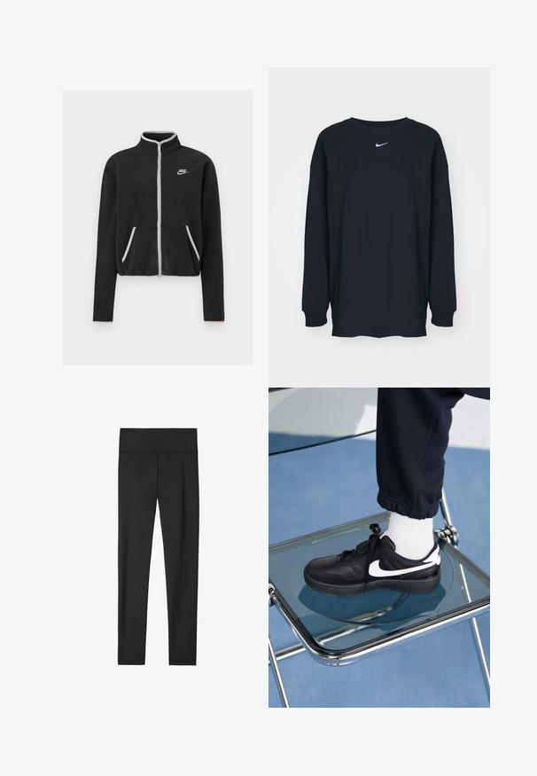 Czarna polarowa kurtka z wysokim kołnierzem, pełnym zamkiem, białymi akcentami i bocznymi kieszeniami. Na lewej piersi znajduje się małe logo Nike.; Czarna, długosleeve'owa koszulka z bawełny z okrągłym dekoltem. Posiada białe logo Nike na piersi. Miękka faktura, prosty design.; Czarne legginsy wykonane z elastycznego materiału, z wysokim stanem, gładką fakturą i dopasowanym krojem. Brak widocznych wzorów lub akcentów.; Czarne sneakersy Nike z białymi akcentami, charakteryzujące się gładką skórzaną teksturą, zawiązywaną konstrukcją i zaokrąglonym noskiem, umieszczone na szklanym krześle.