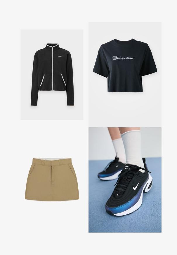 Zwarte fleecejas met een hoge kraag, volledige rits, witte accenten en zijzakken. Heeft een klein Nike-logo op de linkerkant van de borst.; Korte zwarte katoenen t-shirt met korte mouwen, voorzien van witte tekst "Vice Sportswear" en een ronde afbeelding aan de voorkant.; Khaki rok met een fitted taille, riemlussen, twee zijzakken en een ritssluiting aan de voorkant. Gemaakt van een gladde, gestructureerde stof met een nette afwerking.; Zwarte Nike sneakers met een glad bovenwerk van stof, voorzien van een verloop van blauw naar zwart, witte zool en opvallende logo-accenten.