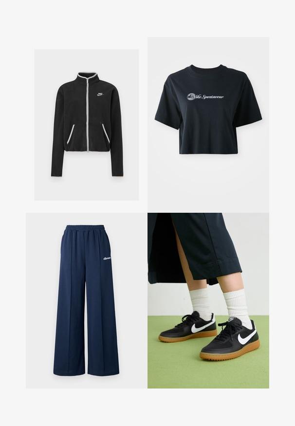 Melna vilnas jaka ar augstu apkakli, pilnīgu rāvējslēdzēju, baltām akcentiem un sānu kabatām. Uz kreisā krūtīm novietota maza Nike logo.; Izgriezta melna kokvilnas T-kreklā ar īsām piedurknēm, kurā ir balta teksta uzraksts "Vice Sportswear" un apļveidīga grafika uz priekšpuses.; Jūras zilas plata kāju pelnu bikses ar elastīgu jostu un sānu kabatām. Uz kreisā augšstilba ir baltā logo. Gluda auduma tekstūra.; Melna āda un sintētiska materiāla sporta apavi ar baltu Nike logo, gumijas zole, apaļa purngala forma un melni šņores. Redzamas ribotas baltas zeķes.
