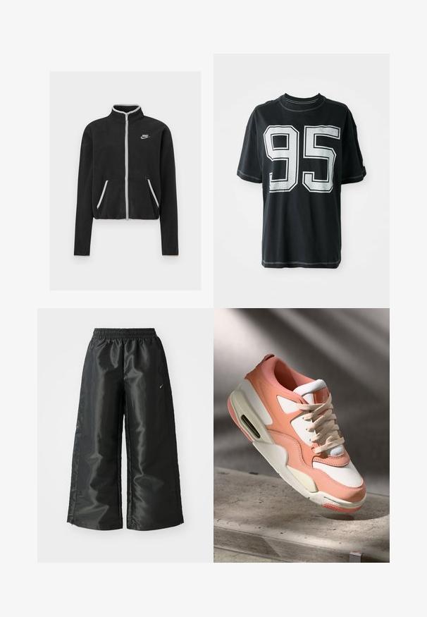 Must kootidejakiga, millel on kõrge krae, täispikk tõmblukk, valged aksessuaarid ja küljetaskud. Vasakul rinnal on väike Nike logo.; Must mustaga t-särk lühikeste varrukatega, mille esiküljel on valge trükitud number "95" ja kontrastsete õmblustega servadel.; Mustad mustad sportsipüksid läikiva, siledaga kangaga, pa elastse vöökoha, laia sääre ja väikese logoga vasakul küljel.; Kergelt roosa ja valge pealsega sneaker, tekstureeritud seemisnahkpaneelidega, pehmendatud kraega ja nähtava õhku üksusega kontsas. Kreemika värvusega tald.