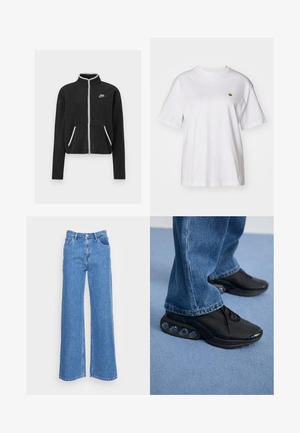 Black fleece jacket with a high collar, full zip, white accents, and side pockets. Features a small Nike logo on the left chest.; White cotton t-shirt with a relaxed fit, short sleeves, and a small embroidered logo on the left chest area.; Blue denim wide-leg jeans with a high waist, featuring two front pockets and a button closure. The fabric has a slightly textured finish.; Black athletic sneakers with mesh upper, textured accents, and visible air cushioning pods in the sole. Worn with blue denim jeans.