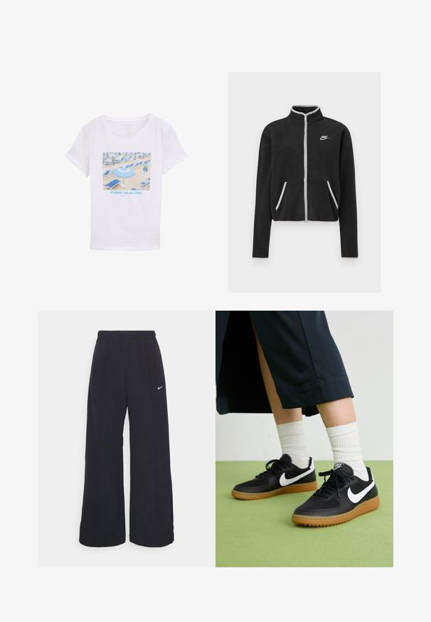 Schwarze Fleecejacke mit hohem Kragen, durchgehendem Reißverschluss, weißen Akzenten und Seitentaschen. Mit kleinem Nike-Logo auf der linken Brust.; Weißes Baumwoll-T-Shirt mit einem blauen Grafikdruck von Strandmarkisen und Stühlen, versehen mit dem Text "italian vacay club" in heller blauer Schrift.; Schwarze weit geschnittene Hosen mit einem elastischen Bund und einem kleinen weißen Nike-Logo. Der Stoff hat eine glatte Textur und ist für Komfort und lässiges Tragen konzipiert.; Schwarze Leder- und synthetische Sneakers mit weißem Nike-Swoosh, Gummisohle, runder Spitze und schwarzen Schnürsenkeln. Gestreifte weiße Socken sind sichtbar.
