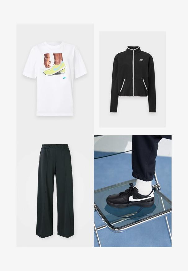 Černá fleecová bunda s vysokým límcem, plným zipem, bílými akcenty a bočními kapsami. Na levém prsu se nachází malé logo Nike.; Bílý bavlněný tričko s grafikou nohou v žlutých kopačkách Nike s modrými akcenty, doplněné náramkem na levém zápěstí.; Černé sportovní kalhoty s širokým střihem a elastickým pasem. Vyrobené z hladkého, pružného materiálu, s jemnými předními švy a bez kapes.; Černé tenisky Nike s bílými akcenty, s hladkou koženou texturou, šněrovacím designem a zaoblenou špičkou, umístěné na skleněné židli.