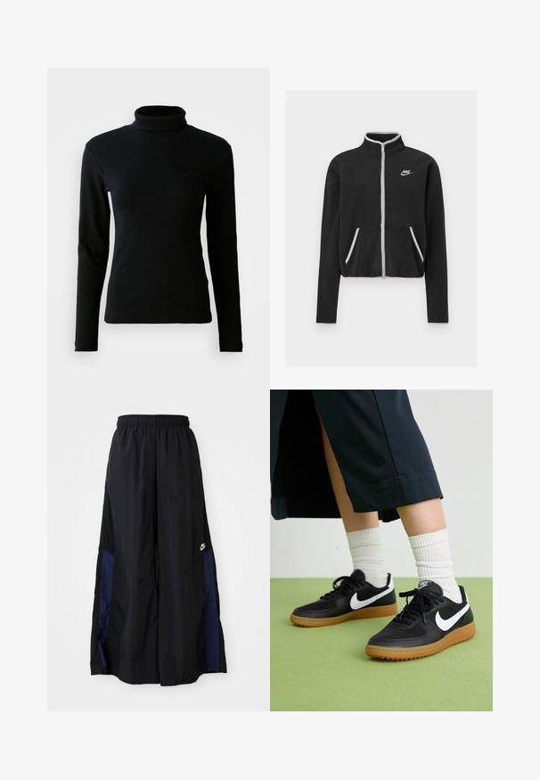 Black fleece jacket with a high collar, full zip, white accents, and side pockets. Features a small Nike logo on the left chest.; Black ribbed long-sleeve turtleneck sweater with fitted silhouette against a plain white background.; Black wide-leg pants made of lightweight fabric, featuring a navy blue side panel and an elastic waistband. Small white logo on bottom.; Black leather and synthetic sneakers with white Nike swoosh, rubber gum sole, round toe, and black laces. Ribbed white socks visible.