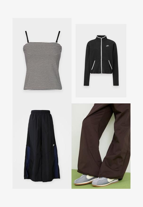 Jachetă din fleece negru, cu guler înalt, fermoar complet, accente albe și buzunare laterale. Prezintă un mic logo Nike pe pieptul stâng.; Camisolă cu dungi alb-negru, cu bretele subțiri ajustabile și un design ajustat, fabricată dintr-un material ușor cu o textură netedă.; Pantaloni negri cu croi larg, confecționați dintr-un material ușor, având un panou lateral albastru marin și un brâu elastic. Logo mic alb în partea de jos.; Pantaloni maro cu croi larg, cu textură netedă și detalii pe cusătura laterală, asortați cu adidași retro gri și alb, cu talpă din cauciuc.