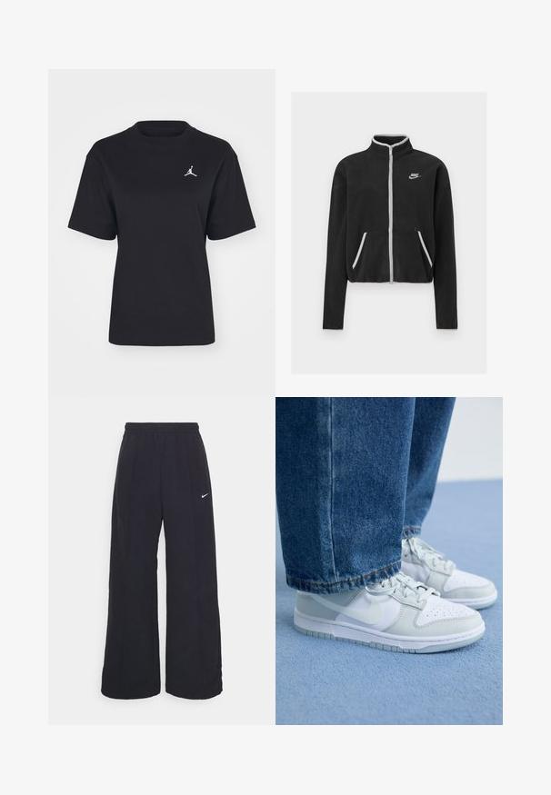 Čierna fleecová bunda s vysokým golierom, plným zipsom, bielymi akcentmi a bočnými vreckami. Na ľavej hrudi sa nachádza malé logo Nike.; Čierne bavlnené tričko s okrúhlym výstrihom a krátkymi rukávmi. Na ľavej hrudi sa nachádza biele logo Jumpman. Hladká textúra, bežný strih.; Čierne široké nohavice s elastickým pásom a malým bielym logom Nike. Tkanina má hladkú textúru, navrhnutá pre pohodlie a neformálne nosenie.; Nike tenisky v bielej a svetlošedej koži s perforovanou špičkou, plochými šnúrkami a gumovou podrážkou, spárované s modrými džínami.