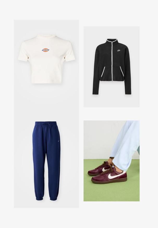 Fekete bolyhos dzseki magas gallérral, teljes cipzárral, fehér díszítésekkel és oldalsó zsebekkel. Bal mellen egy kis Nike logó található.; Tejfehér, rövid fazonú póló magas nyakkal, rövid ujjal és kör alakú logóval, rajta kék, piros és sárga "Dickies" felirattal.; Navy kék sportnadrág puha anyagból, elasztikus derékpánttal és zsinórral, elasztikus mandzsettákkal és egy kis fehér logóval.; Bordó Nike tornacipő fehér pipa logóval, sima és texturált anyagok kombinációjával, barna fűzőkkel és barna gumitalppal.