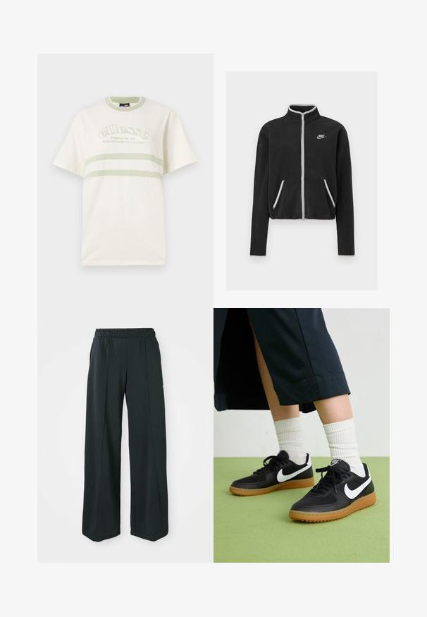 Chaqueta de forro polar negra con cuello alto, cierre completo, detalles en blanco y bolsillos laterales. Presenta un pequeño logo de Nike en el lado izquierdo del pecho.; Camiseta de algodón color crema con cuello redondo, mangas cortas y rayas de acento verde. Presenta un logo bordado en la parte frontal.; Pantalones deportivos negros de pierna ancha con cintura elástica. Hechos de una tela suave y elástica, presentan costuras frontales sutiles y sin bolsillos.; Zapatillas de cuero negro y sintético con el swoosh blanco de Nike, suela de goma, punta redonda y cordones negros. Calcetines blancos acanalados visibles.