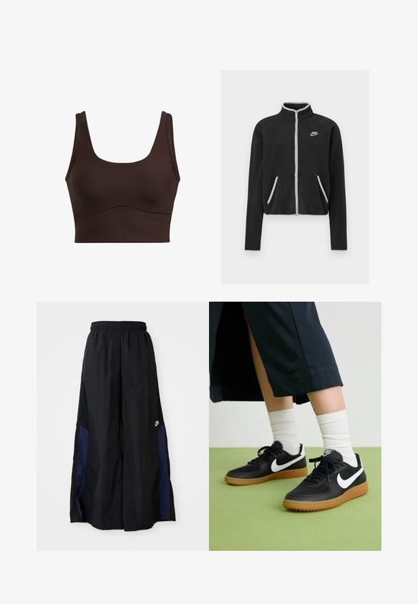 Must kootidejakiga, millel on kõrge krae, täispikk tõmblukk, valged aksessuaarid ja küljetaskud. Vasakul rinnal on väike Nike logo.; Pruun soonik, millel on laiad õlalõngad, ruudukujuline kaelus ja sujuv õmblus vöökohtadel, millel on sile tekstuur.; Mustad laiad mustad püksid kergest kangast, millel on tumesinine külgpaneel ja elastne vöökoht. Väike valge logo allservas.; Mustad nahast ja sünteetilised sneekerid valge Nike logoga, kummist gumme, ümar nina ja mustad paelad. Näha ribakujulisi valgeid sokke.