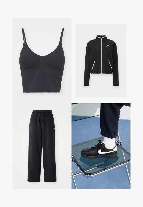 Musta fleece-takki, jossa on korkea kaulus, kokopitkä vetoketju, valkoiset yksityiskohdat ja sivutaskut. Takissa on pieni Nike-logo vasemmassa rinnassa.; Mustat saumattomat bralette-rintaliivit, joissa on ohuet säädettävät olkaimet, V-mallinen kaula-aukko ja tiukka muotoilu. Pehmeä, joustava kangas ilman näkyviä osia.; Mustat collegehousut, joissa on elastinen vyötärö ja nauha, vasemmalla puolella pieni valkoinen Nike-logo.; Mustat Nike-tennarit valkoisilla yksityiskohdilla, joissa on sileä nahkapinta, nauhakiinnitys ja pyöreä varvas, aseteltuna lasituolille.