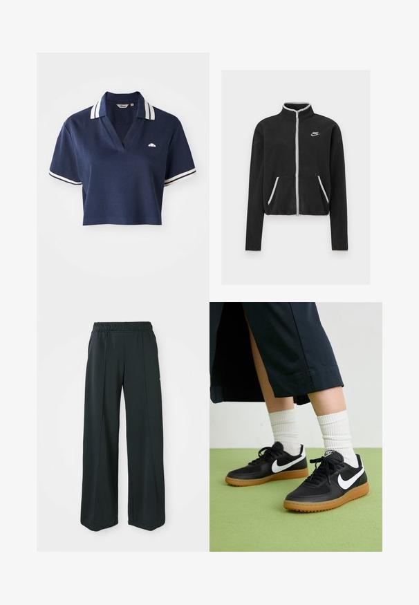 Casaco de fleece preto com gola alta, fecho de correr completo, detalhes brancos e bolsos laterais. Apresenta um pequeno logótipo da Nike no lado esquerdo do peito.; Polo de cor azul-marinho, cortado, com decote em V, colarinho às riscas brancas e mangas curtas, apresentando um pequeno logótipo no lado esquerdo do peito.; Calças atléticas largas e pretas com um cós elástico. Feitas de um tecido liso e elástico, com costuras frontais discretas e sem bolsos.; Sapatilhas pretas em couro e sintético com o logo da Nike em branco, sola de borracha tipo goma, bico redondo e atacadores pretos. Meias brancas com frunces visíveis.