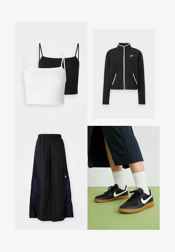 Schwarze Fleecejacke mit hohem Kragen, durchgehendem Reißverschluss, weißen Akzenten und Seitentaschen. Mit kleinem Nike-Logo auf der linken Brust.; Zwei gerippte Trägershirts in Weiß und Schwarz, mit dünnen verstellbaren Trägern und einem kurzen Schnitt. Weicher Stoff mit glatter Textur.; Schwarze weit geschnittene Hose aus leichtem Stoff, mit einem dunkelblauen Seitenpanel und einem elastischen Bund. Kleines weißes Logo am unteren Ende.; Schwarze Leder- und synthetische Sneakers mit weißem Nike-Swoosh, Gummisohle, runder Spitze und schwarzen Schnürsenkeln. Gestreifte weiße Socken sind sichtbar.