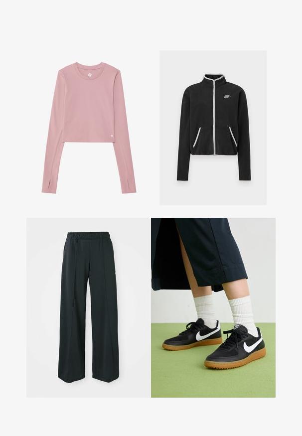 Zwarte fleecejas met een hoge kraag, volledige rits, witte accenten en zijzakken. Heeft een klein Nike-logo op de linkerkant van de borst.; Langdouch, cropped top van zachte roze stof; heeft een ronde hals, duimgaten in de boorden en een klein logo op de zoom.; Zwarte, wijde sportbroek met een elastische tailleband. Gemaakt van gladde, rekbare stof, met subtiele voornaden en zonder zakken.; Zwarte leren en synthetische sneakers met witte Nike swoosh, rubberen gumzool, ronde neus en zwarte veters. Geribbelde witte sokken zichtbaar.