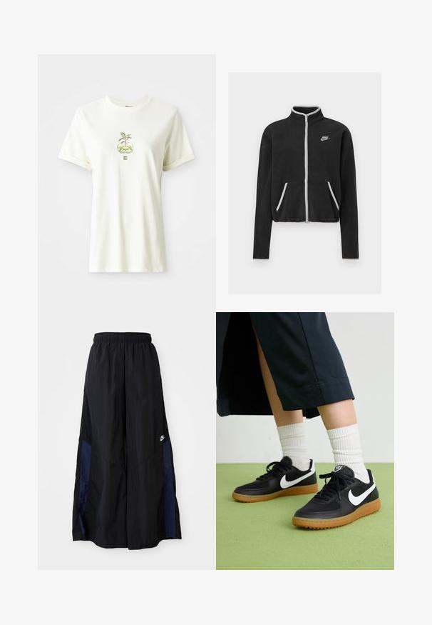Černá fleecová bunda s vysokým límcem, plným zipem, bílými akcenty a bočními kapsami. Na levém prsu se nachází malé logo Nike.; Bílý tričko s krátkým rukávem, na kterém je uprostřed hrudi grafika zelené rostliny rostoucí z dvou dlaní.; Černé kalhoty širokého střihu vyrobené z lehkého materiálu, s námořnickou modrou bočním panelem a elastickým pasem. Malé bílé logo na spodní části.; Černé kožené a syntetické tenisky s bílým logem Nike, gumovou podrážkou, kulatou špičkou a černými tkaničkami. Viditelné žebrované bílé ponožky.
