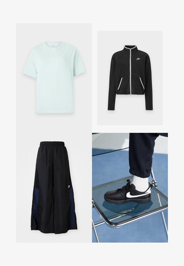 Czarna polarowa kurtka z wysokim kołnierzem, pełnym zamkiem, białymi akcentami i bocznymi kieszeniami. Na lewej piersi znajduje się małe logo Nike.; Jasno miętowa bawełniana koszulka z krótkim rękawem i okrągłym dekoltem. Posiada małe białe logo na górnej lewej części klatki piersiowej.; Czarne spodnie szerokie wykonane z lekkiego materiału, z granatowym bocznym panelem i elastycznym paskiem w talii. Małe białe logo na dole.; Czarne sneakersy Nike z białymi akcentami, charakteryzujące się gładką skórzaną teksturą, zawiązywaną konstrukcją i zaokrąglonym noskiem, umieszczone na szklanym krześle.