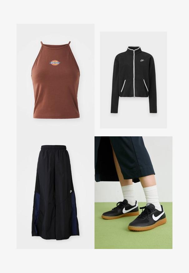 Svart fleecejakke med høy krage, full glidelås, hvite detaljer og sidelommer. Har en liten Nike-logo på venstre bryst.; Brun uten ermer crop topp laget av elastisk stoff, med en fargerik "Dickies" logo foran og tynne stropper.; Svarte vide bukser laget av lett stoff, med et marineblått sidestykke og elastisk midjebånd. Liten hvit logo nederst.; Sorte lær- og syntetiske joggesko med hvit Nike swoosh, gummisåle, rund tå og sorte lisser. Ribbet hvite sokker synlige.