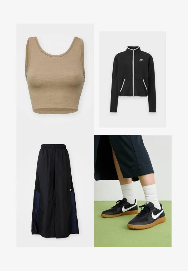 Svart fleecejacka med hög krage, full dragkedja, vita detaljer och sidofickor. Har en liten Nike-logga på vänster bröst.; Beige kortärmad tanktopp gjord av strukturerad stickad tyg med rund hals och breda ärmhål, med en ren, enkel skärning och utan knäppningar.; Svarta vida byxor gjorda av lättviktig tyg, med en marinblå sid panel och ett elastiskt midjeband. Litet vitt logotyp nertill.; Svarta läder- och syntetiska sneakers med vit Nike-logga, gummisula, rund tå och svarta snörningar. Ribbad vit strumpor synliga.