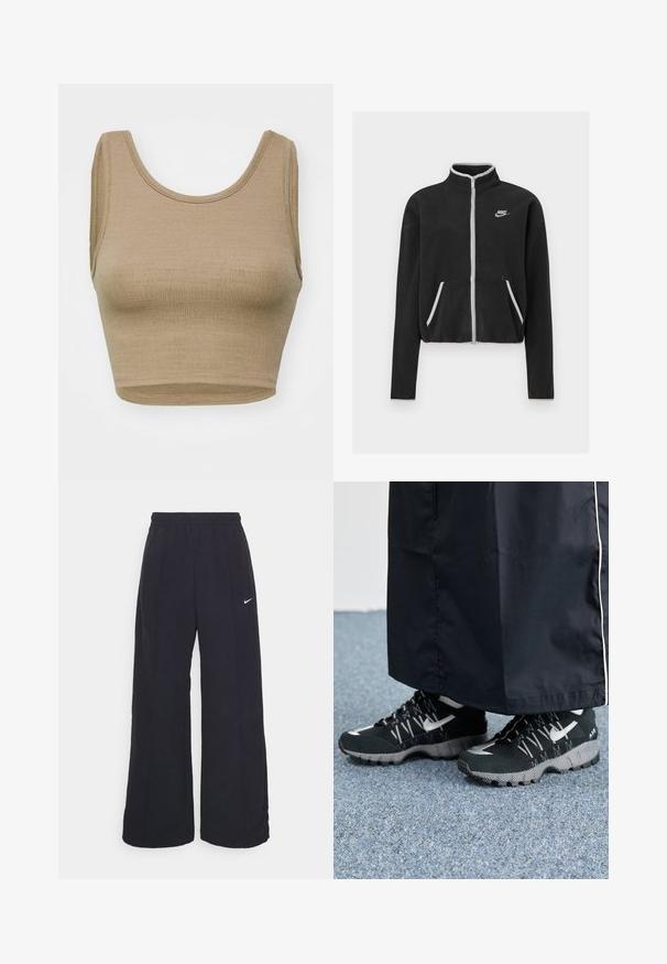 Giacchetto in pile nero con colletto alto, zip frontale, dettagli bianchi e tasche laterali. Presenta un piccolo logo Nike sul lato sinistro del petto.; Top tank corto beige realizzato in tessuto a maglia testurizzata con scollo rotondo e ampie aperture per le braccia, caratterizzato da un taglio pulito e semplice e senza chiusure.; Pantaloni neri a gamba larga con cintura elastica e un piccolo logo Nike bianco. Il tessuto ha una texture liscia, progettata per il comfort e l'abbigliamento casual.; Scarpe sportive nere con tomaia testurizzata, dettagli argentati e suola con motivo, abbinate a un lungo indumento nero. Ambientate su un tappeto blu.