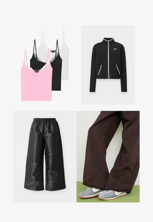 Chaqueta de forro polar negra con cuello alto, cierre completo, detalles en blanco y bolsillos laterales. Presenta un pequeño logo de Nike en el lado izquierdo del pecho.; Tres camisetas de tirantes en rosa, negro y blanco, con encaje en el escote, tirantes finos ajustables y una textura de tela suave.; Pantalones deportivos negros de tejido brillante y suave, con una cinturilla elástica, pierna ancha y un pequeño logo en el lado izquierdo.; Pantalones de pierna ancha marrones con textura suave y detalles en las costuras laterales, combinados con zapatillas de estilo retro en gris y blanco con suela de goma.