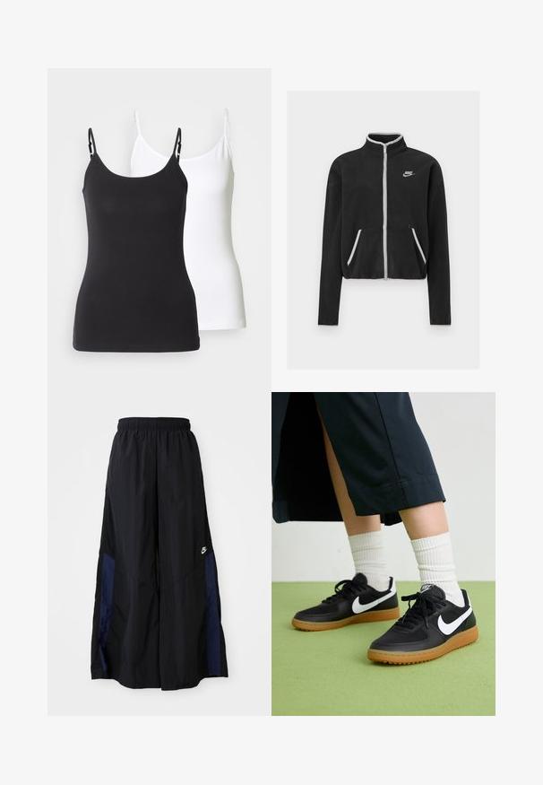Czarna polarowa kurtka z wysokim kołnierzem, pełnym zamkiem, białymi akcentami i bocznymi kieszeniami. Na lewej piersi znajduje się małe logo Nike.; Czarno-białe bawełniane koszulki na ramiączkach z regulowanymi cienkimi paskami, o dopasowanym kroju i gładkiej fakturze.; Czarne spodnie szerokie wykonane z lekkiego materiału, z granatowym bocznym panelem i elastycznym paskiem w talii. Małe białe logo na dole.; Czarne skórzane i syntetyczne sneakersy z białym logo Nike, gumową podeszwą, okrągłym noskiem i czarnymi sznurowadłami. Widziane są ribbowane białe skarpetki.