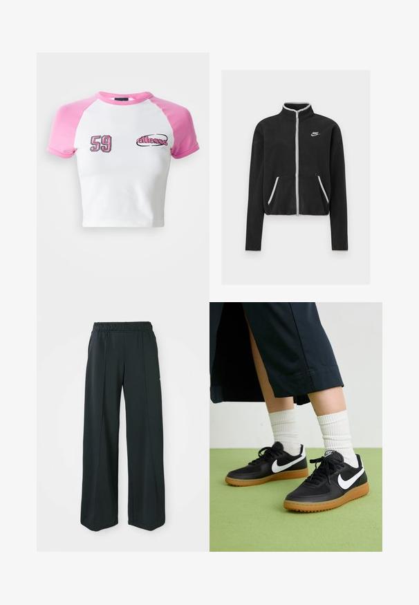 Svart fleecejakke med høy krage, full glidelås, hvite detaljer og sidelommer. Har en liten Nike-logo på venstre bryst.; Kortermet T-skjorte med hvit kropp og rosa raglanermer. Har brodert "59" og "ellesse"-logo i kontrasterende svart og rosa.; Sorte, vide treningsbukser med elastisk midje. Laget av glatt, elastisk stoff, med subtile front sømmar og utan lommer.; Sorte lær- og syntetiske joggesko med hvit Nike swoosh, gummisåle, rund tå og sorte lisser. Ribbet hvite sokker synlige.