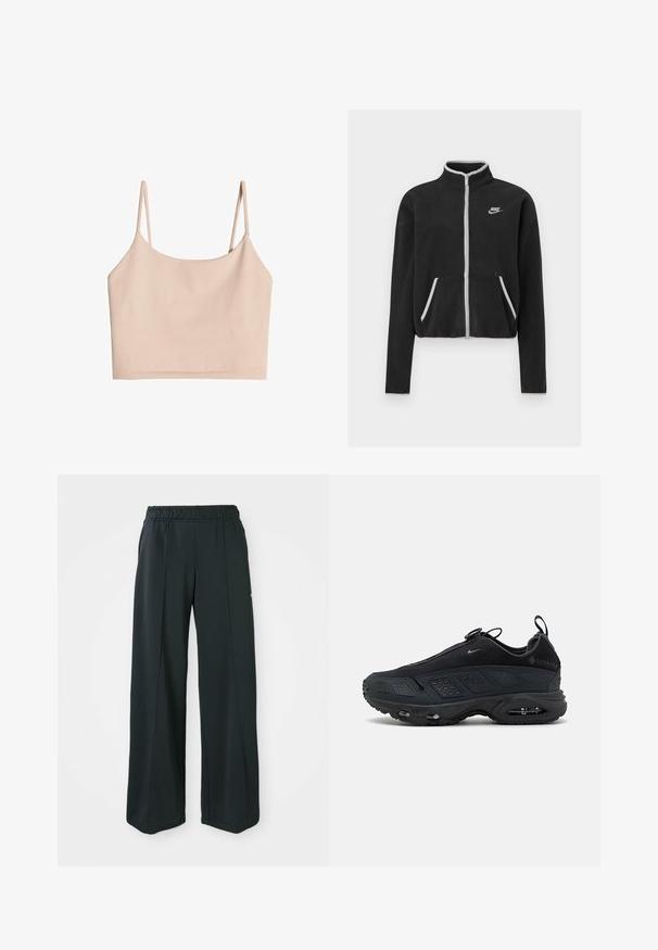Schwarze Fleecejacke mit hohem Kragen, durchgehendem Reißverschluss, weißen Akzenten und Seitentaschen. Mit kleinem Nike-Logo auf der linken Brust.; Hautfarbener, kurz geschnittener Tanktop mit dünnen Trägern, aus weichem Stoff gefertigt, mit glatter Textur und einem einfachen, geraden Schnitt.; Schwarze, weit geschnittene Sporthosen mit elastischem Bund. Hergestellt aus glattem, dehnbarem Stoff, mit subtilen Vordernähten und ohne Taschen.; Schwarze Turnschuhe mit einem strukturierten Mesh-Obermaterial, Gummisohle und sichtbarer Luftpolsterung. Verfügt über Riemen und perforierte Akzente für Atmungsaktivität.