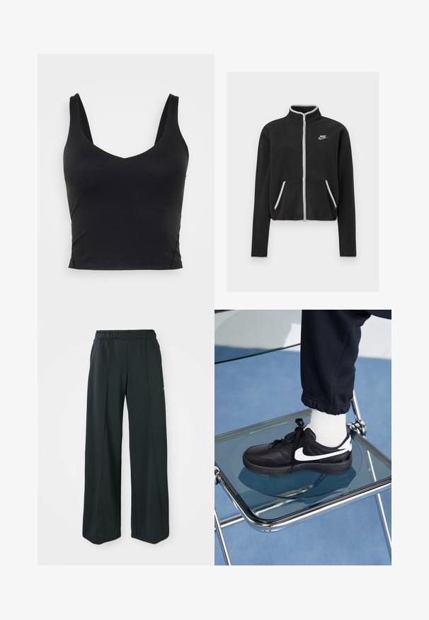 Giacchetto in pile nero con colletto alto, zip frontale, dettagli bianchi e tasche laterali. Presenta un piccolo logo Nike sul lato sinistro del petto.; Top corto senza maniche nero con scollatura a V profonda, realizzato in tessuto liscio ed elastico. Presenta un orlo pulito e nessun motivo o dettaglio visibile.; Pantaloni sportivi neri a gamba larga con una vita elastica. Realizzati in un tessuto morbido ed elasticizzato, presentano cuciture frontali sottili e nessuna tasca.; Sneakers Nike neri con accenti bianchi, caratterizzati da una superficie in pelle liscia, design con lacci e punta rotonda, posizionati su una sedia di vetro.