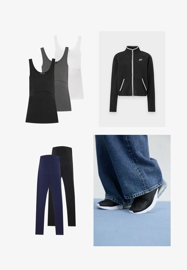 Casaco de fleece preto com gola alta, fecho de correr completo, detalhes brancos e bolsos laterais. Apresenta um pequeno logótipo da Nike no lado esquerdo do peito.; Três camisetas sem mangas nas cores preta, cinza e branca. Cada uma possui um decote arredondado, design sem mangas e material de algodão macio com uma cintura ajustada.; Dois pares de leggings, um azul-marinho e outro preto, com uma textura suave e um cós alto para um ajuste seguro.; Sapatilhas desportivas pretas com detalhes em malha, sola branca e amortecimento visível, combinadas com jeans de perna larga em denim azul.