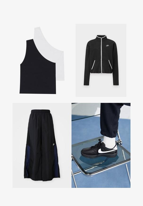 Black fleece jacket with a high collar, full zip, white accents, and side pockets. Features a small Nike logo on the left chest.; Black and white ribbed tank tops with an asymmetric neckline; soft cotton blend fabric; fitted design; no visible hardware or patterns.; Black wide-leg pants made of lightweight fabric, featuring a navy blue side panel and an elastic waistband. Small white logo on bottom.; Black Nike sneakers with white accents, featuring a smooth leather texture, lace-up design, and rounded toe, positioned on a glass chair.
