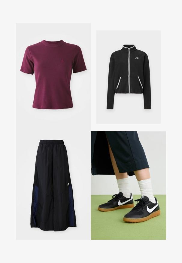 Svart fleecejacka med hög krage, full dragkedja, vita detaljer och sidofickor. Har en liten Nike-logga på vänster bröst.; Kortärmad ribbad bordeaux T-shirt med rund hals och subtilt broderad logotyp på vänster bröst.; Svarta vida byxor gjorda av lättviktig tyg, med en marinblå sid panel och ett elastiskt midjeband. Litet vitt logotyp nertill.; Svarta läder- och syntetiska sneakers med vit Nike-logga, gummisula, rund tå och svarta snörningar. Ribbad vit strumpor synliga.