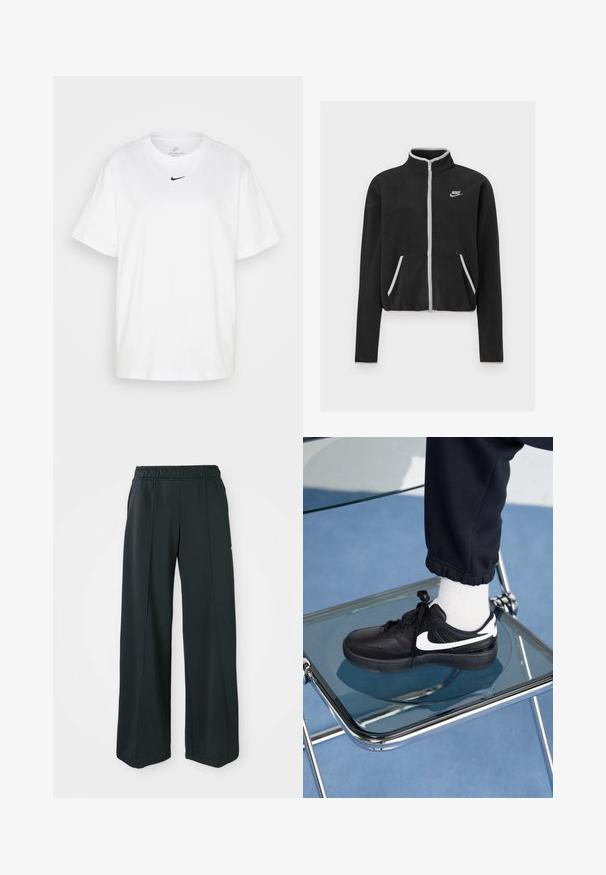 Chaqueta de forro polar negra con cuello alto, cierre completo, detalles en blanco y bolsillos laterales. Presenta un pequeño logo de Nike en el lado izquierdo del pecho.; Camiseta blanca de algodón con cuello redondo, mangas cortas y un logotipo de Nike en negro impreso en el centro del pecho. Diseño simple y clásico.; Pantalones deportivos negros de pierna ancha con cintura elástica. Hechos de una tela suave y elástica, presentan costuras frontales sutiles y sin bolsillos.; Zapatillas Nike negras con acentos blancos, con una textura de cuero suave, diseño de cordones y punta redondeada, colocadas sobre una silla de cristal.