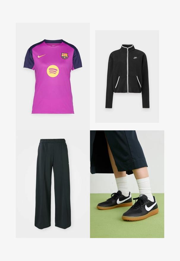 Fekete bolyhos dzseki magas gallérral, teljes cipzárral, fehér díszítésekkel és oldalsó zsebekkel. Bal mellen egy kis Nike logó található.; Lila Nike mez tengerészkék ujjakkal, sárga Spotify logóval és az FC Barcelona címerével a mellkasán. Lélegző anyagtextúra.; Fekete, bővülő szárú sportnadrág rugalmas derékkal. Simaság és rugalmasság jellemzi, finom elülső varrásokkal és zsebek nélkül.; Fekete bőr és szintetikus sneakers, fehér Nike logo-val, gumi talppal, kerek orral és fekete fűzővel. Csíkos fehér zokni látható.