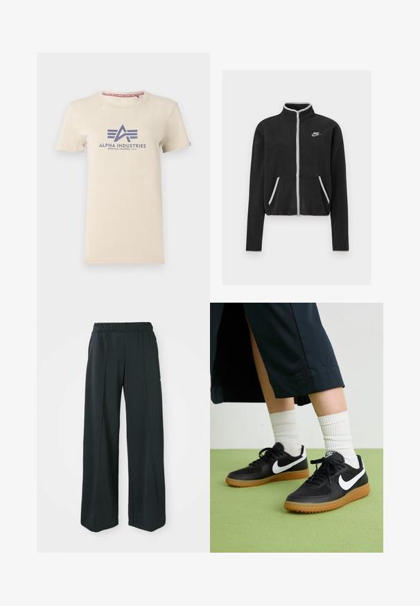 Melna vilnas jaka ar augstu apkakli, pilnīgu rāvējslēdzēju, baltām akcentiem un sānu kabatām. Uz kreisā krūtīm novietota maza Nike logo.; Bežs kokvilnas T-krekls ar īsām piedurknēm, ar tumši zilā krāsā apdrukātu "Alpha Industries" logo un sarkanu birku uz apkakles.; Melnas, platajās sporta bikses ar elastīgu jostu. Izgatavotas no gludas, elastīgas auduma, ar viegli pamanāmiem priekšējiem šuvēm un bez kabatām.; Melna āda un sintētiska materiāla sporta apavi ar baltu Nike logo, gumijas zole, apaļa purngala forma un melni šņores. Redzamas ribotas baltas zeķes.