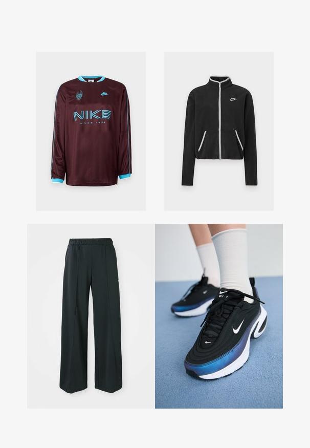 Juodas poliesterinis švarkas su aukštu apykakle, visišku užtrauktuku, baltais akcentais ir šoninėmis kišenėmis. Ant kairiojo krūtinės yra mažas Nike logotipas.; Bordo ilgomis rankovėmis Nike marškinėliai su turkio akcentais, logotipu ir užrašu "Nuo 1972" ryškiu šriftu. Lygus, sportinis audinio tekstūra.; Juodos, plačios sportinės kelnės su elastingu juosmeniu. Pagamintos iš lygaus, tampraus audinio, su subtiliomis priekinėmis siūlėmis ir be kišenių.; Juodi Nike sportbačiai su glotna audinio viršutine dalimi, turintys gradientinį mėlynos ir juodos spalvos dizainą, baltą pado dalį ir akcentuotus logotipus.
