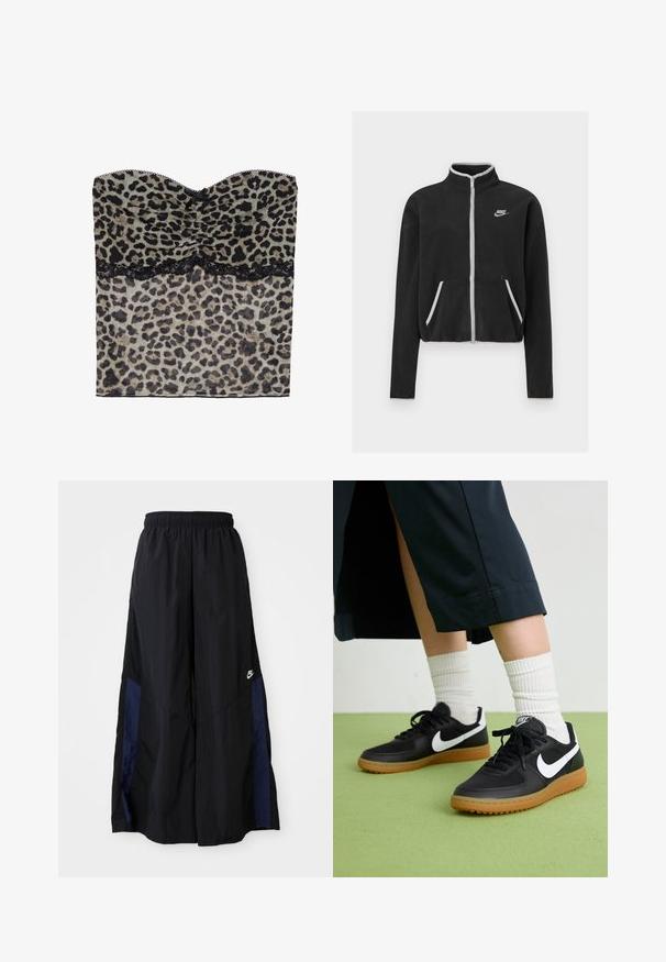 Must kootidejakiga, millel on kõrge krae, täispikk tõmblukk, valged aksessuaarid ja küljetaskud. Vasakul rinnal on väike Nike logo.; Leopardimustriga olgutopp ilma õlgadeta, kokku volditud tekstuuriga, musta pitsiga ääristatud allservas, valmistatud kergetest kangast.; Mustad laiad mustad püksid kergest kangast, millel on tumesinine külgpaneel ja elastne vöökoht. Väike valge logo allservas.; Mustad nahast ja sünteetilised sneekerid valge Nike logoga, kummist gumme, ümar nina ja mustad paelad. Näha ribakujulisi valgeid sokke.