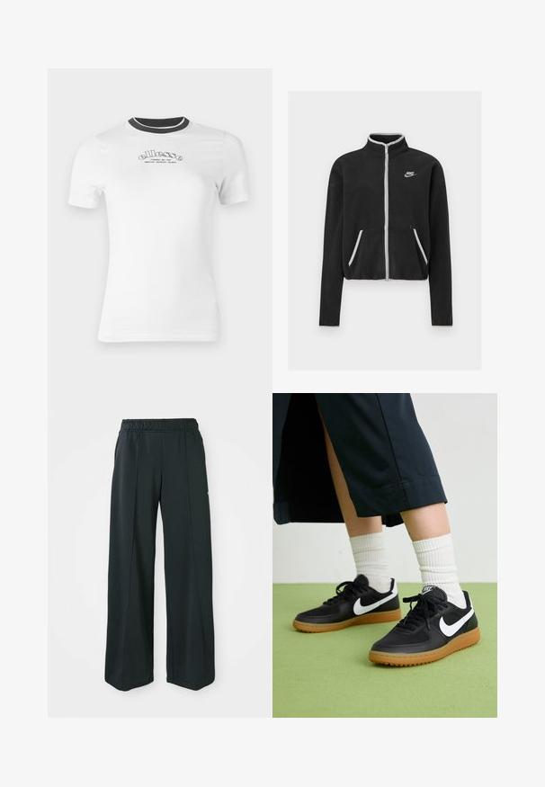Black fleece jacket with a high collar, full zip, white accents, and side pockets. Features a small Nike logo on the left chest.; White short-sleeve t-shirt with a black ribbed crew neck. Features "ellesse" logo in black script across the chest. Soft cotton material.; Black, wide-leg athletic pants with an elastic waistband. Made from smooth, stretchy fabric, featuring subtle front seams and no pockets.; Black leather and synthetic sneakers with white Nike swoosh, rubber gum sole, round toe, and black laces. Ribbed white socks visible.