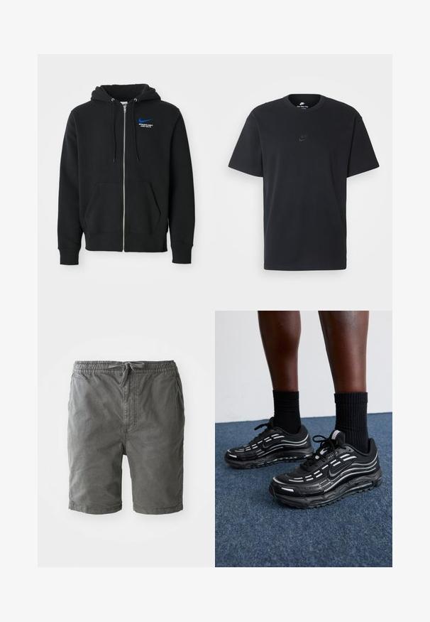 Čierna mikina na zips s prednými vreckami, kapucňou so šnúrkami a malým modrým logom Nike s textom "Athletic Dept Just Do It" na hrudi.; Čierne bavlnené tričko Nike s klasickým okrúhlym výstrihom, krátkymi rukávmi a jemne embosovaným logom na hrudi. Hladká textúra.; Šedé bavlnené šortky s elastickým pásom a šnúrkou na stiahnutie. Majú hladkú, textúrovanú látku so bočnými švami a voľný strih.; Čierne tenisky Nike majú sieťkový zvršok s akcentovými pruhmi, textúrovaným šnurovaním a čiernu gumovú podrážku. Nosené s čiernymi rebrovanými ponožkami.