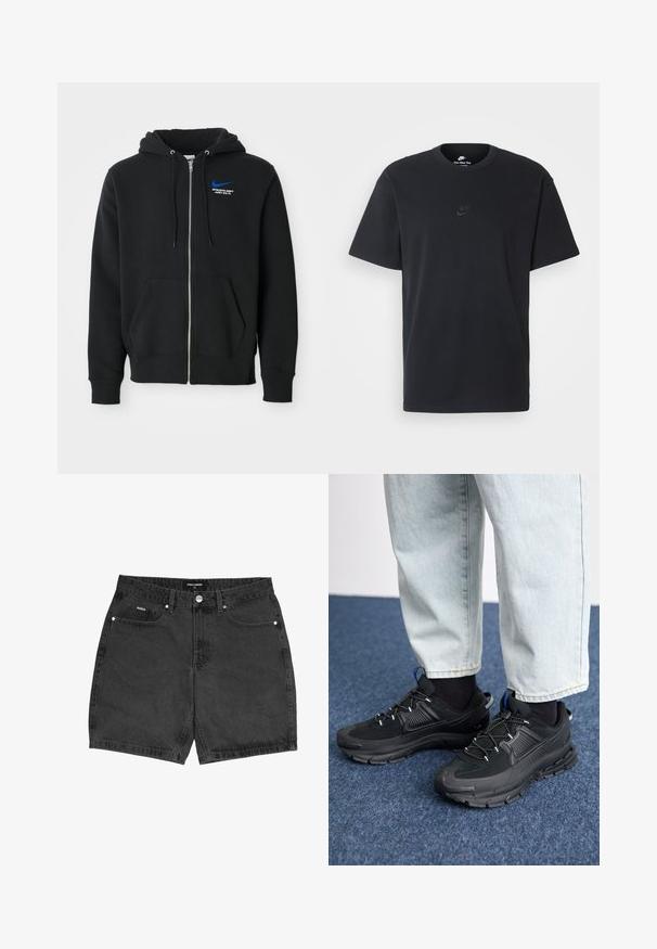 Must-pruun tõmblukuga kapuutsiga jakki, esikottidega, kapuuts tõmblukkide ja väikese sinise Nike logo ning "Athletic Dept Just Do It" tekstiga rinna peal.; Nike musta mustast puuvillast T-särk klassikalise ümmarguse kaelusega, lühikeste varrukatega ja õrna, reljeefse logoga rinnal. Sile tekstuur.; Mustadest denimist lühikesed püksid, sirge lõikega, viie taskuga ja nööpiga kinni. Omab väikeseid õmblusdetailide ja tekstureeritud kangast.; Mustad mustad jooksukingad, millel on tekstureeritud kangas ja kummist tallad, elastsed nöörid ning sinine aksent kandadel. Kandmine heledate teksadega.